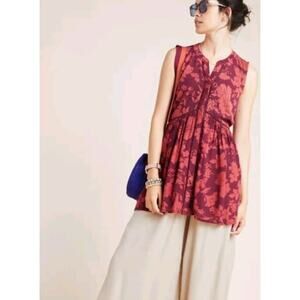Anthropologie Nia Tunic Top Wine Floral Women M Sleeveless Red Button Babydoll